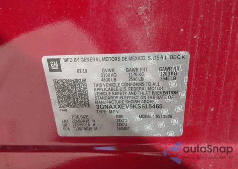 2019 Chevrolet Equinox Premier z USA, uszkodzony, nr VIN 3GNAXXEV5KS615465